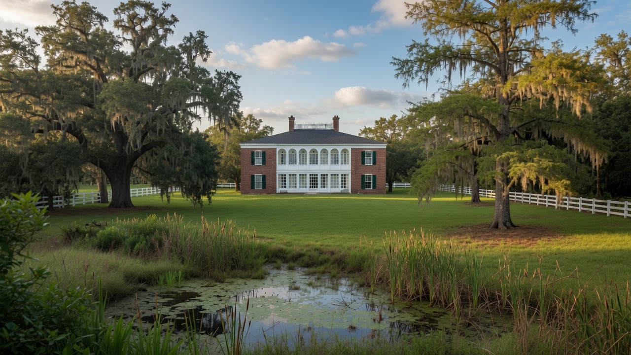 Historic red-brick Southern estate with live oaks and Spanish moss overlooking a lowland marsh